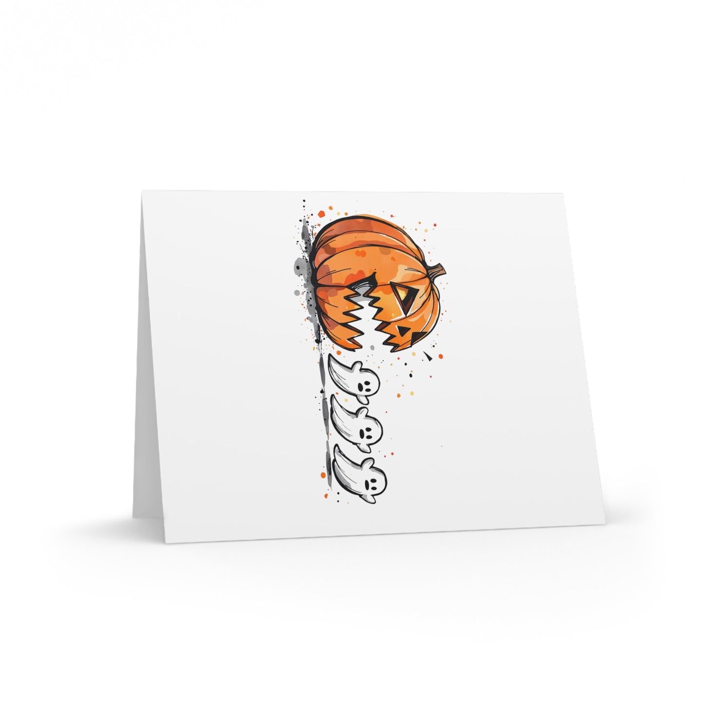 Set of 8 Greeting Cards, Happy Halloween Pumpkin Chasing Ghosts, Pacman Style, Party Invitations, Spooky Notecards, Halloween