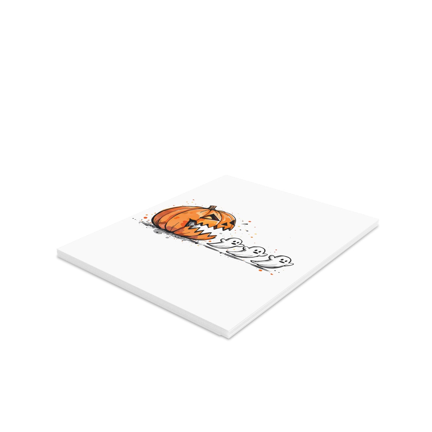 Set of 8 Greeting Cards, Happy Halloween Pumpkin Chasing Ghosts, Pacman Style, Party Invitations, Spooky Notecards, Halloween