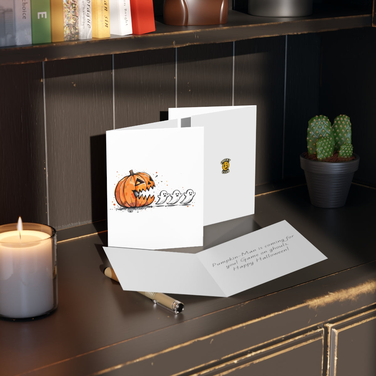 Set of 8 Greeting Cards, Happy Halloween Pumpkin Chasing Ghosts, Pacman Style, Party Invitations, Spooky Notecards, Halloween