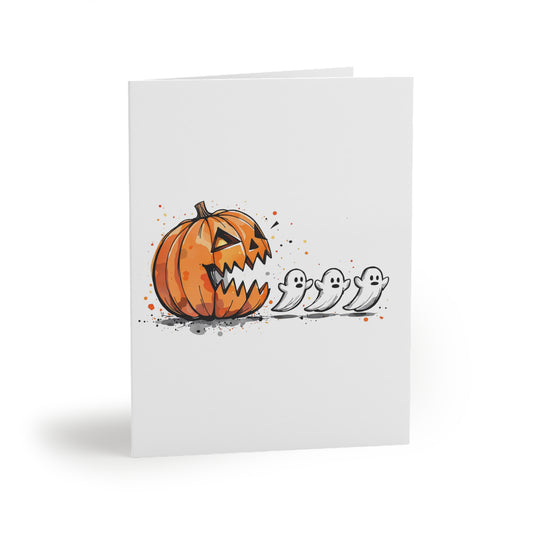 Set of 8 Greeting Cards, Happy Halloween Pumpkin Chasing Ghosts, Pacman Style, Party Invitations, Spooky Notecards, Halloween