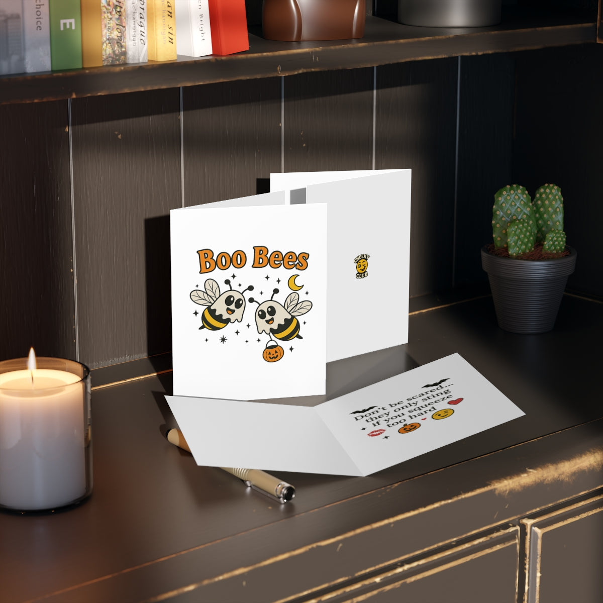 Set of 8 Greeting Cards, Bees with Ghost Sheets Halloween Card, Boo Bees, Spooky Cards, Cheeky Pun Card, Halloween Stationery, Funny